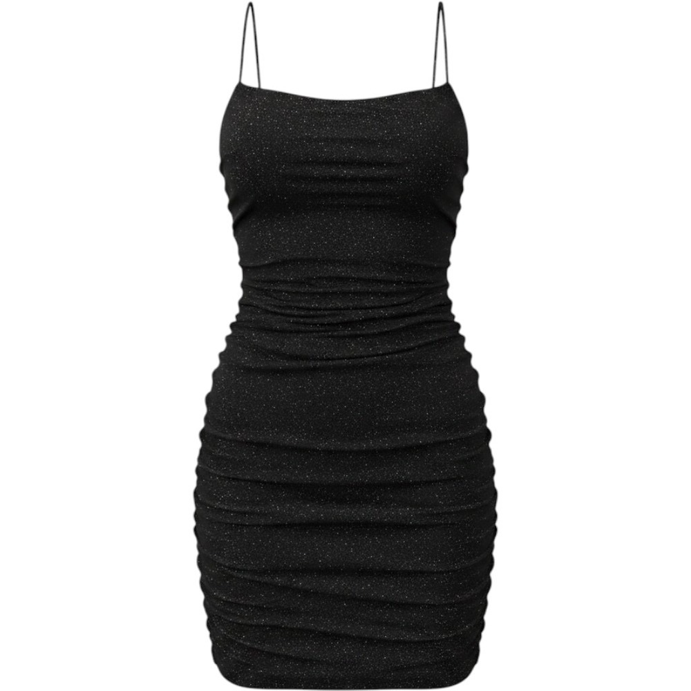 Princess Polly Black Glitter Ruched Bodycon Mini Dress Spaghetti Strap 4 Glam